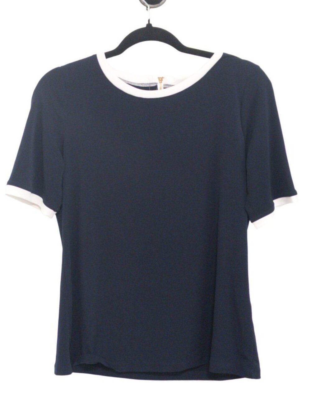 Anne Klein Navy Blue T-Shirt Top Contrast Trim w/ Gold Zip Detail Size Small AK